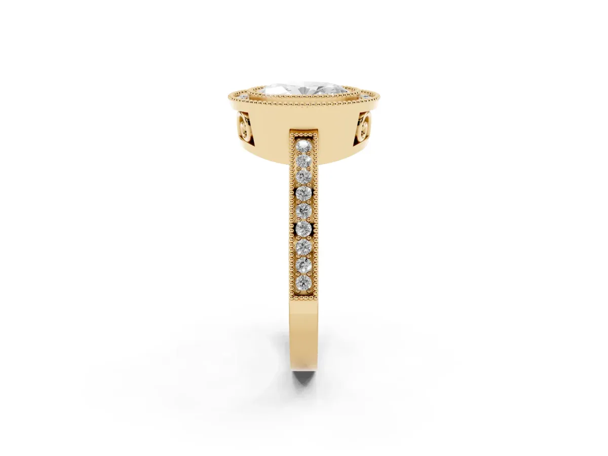 Oval Cut Cut Halo Diamond Ring with Pavé Band and Milgrain Prong Setting Yellow gold