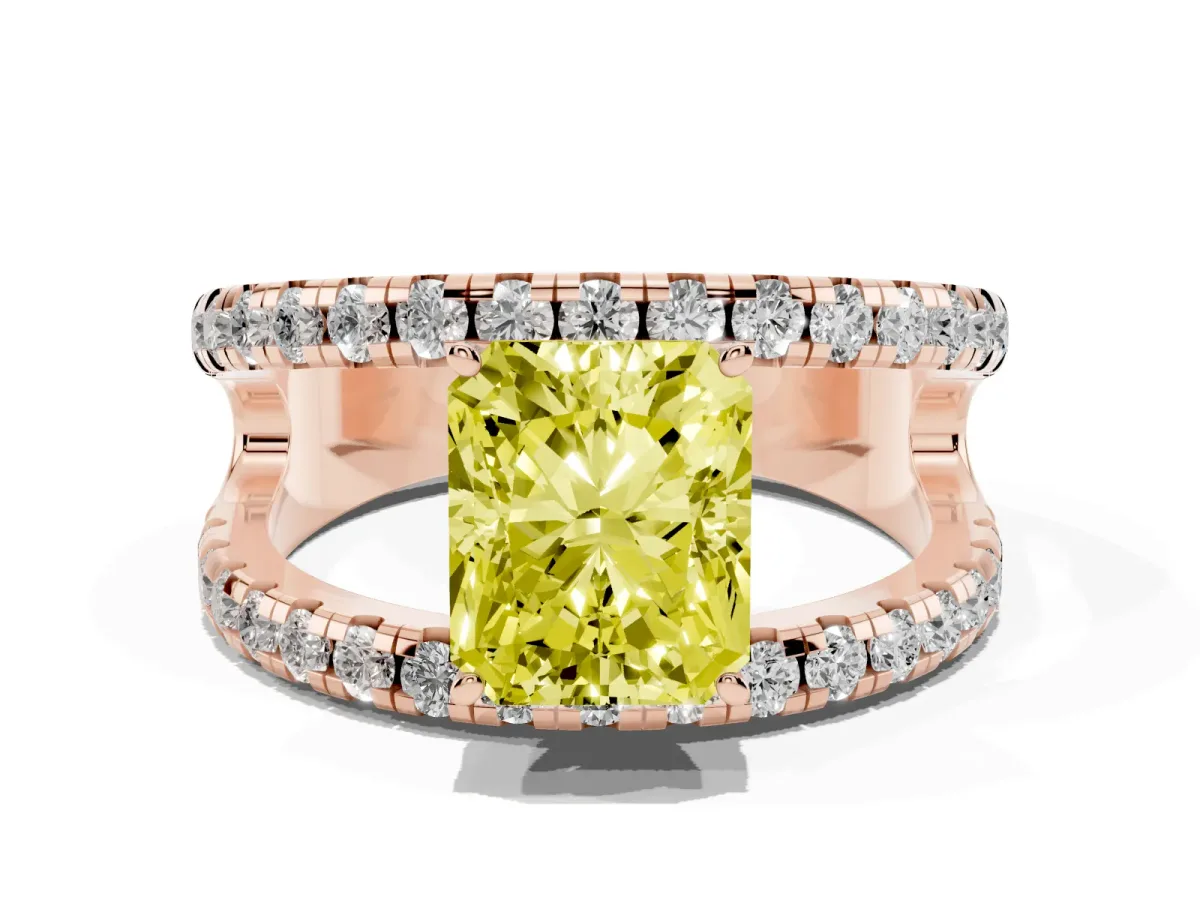 Fancy Yellow Radiant Cut Solitaire Split Shank Pave Diamond Ring Rose gold