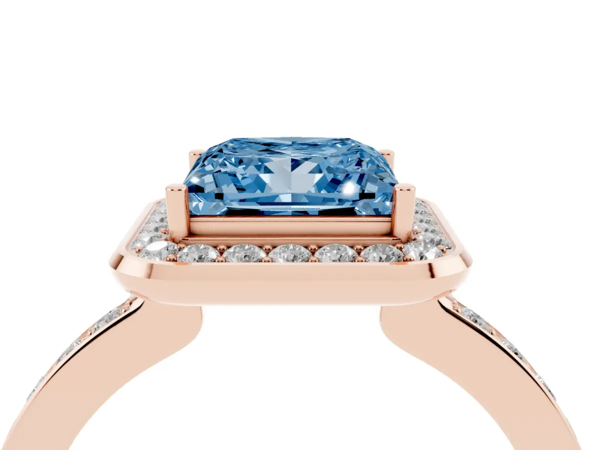 Fancy Blue Princess Cut Diamond Halo Ring with Bezel Frame and Pavé Band Rose gold