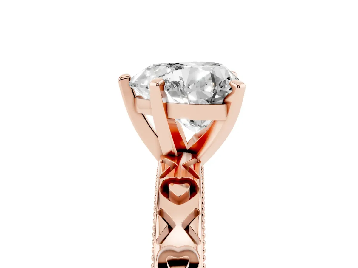 Heart Cut Solitaire Diamond Engagement Ring with XO Engraved Band and Four-Prong Setting Rose gold