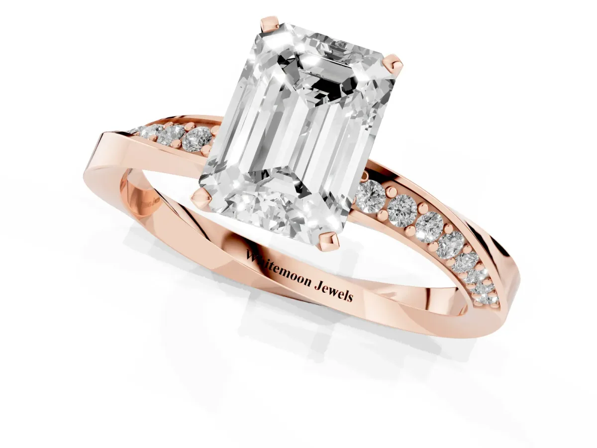 Emerald Cut Diamond Engagement Ring with Side Stone Accents and Four-Prong Setting Rose gold