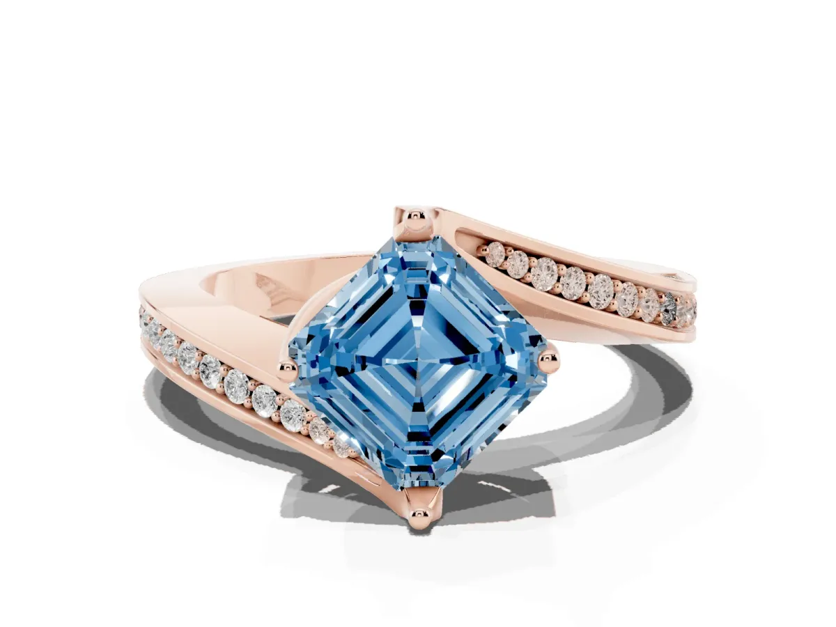 Fancy Blue Asscher Cut Solitaire Diamond Twist Band with Pavé Setting and Four-Prong Setting Rose gold