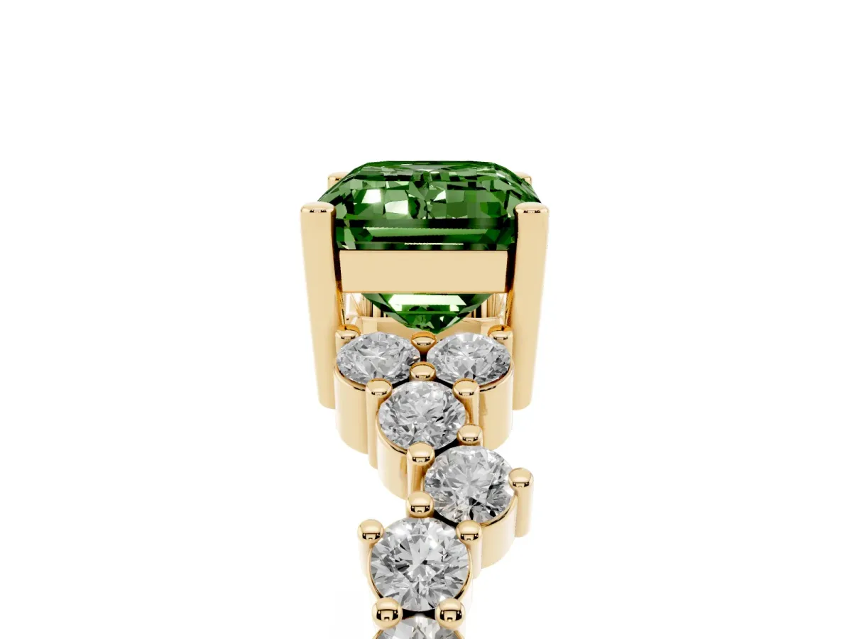 Fancy Green Emerald Cut Diamond Scattered Round Accent Ring with Prong Setting Yellow gold