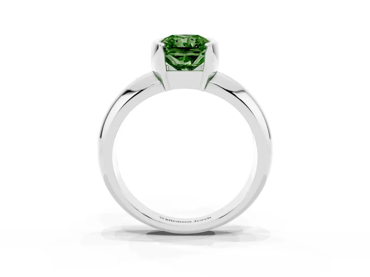 Fancy Green Radiant Cut Solitaire Tension Set Diamond Ring with Wide Band Silver