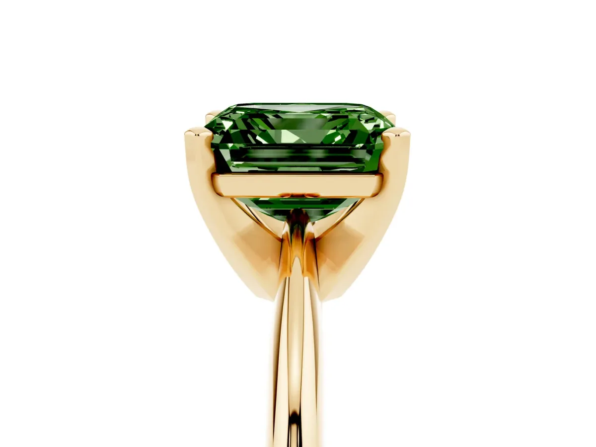 Fancy Green Asscher Cut Cut Solitaire Ring with Four-Prong Setting on a Classic Band Yellow gold