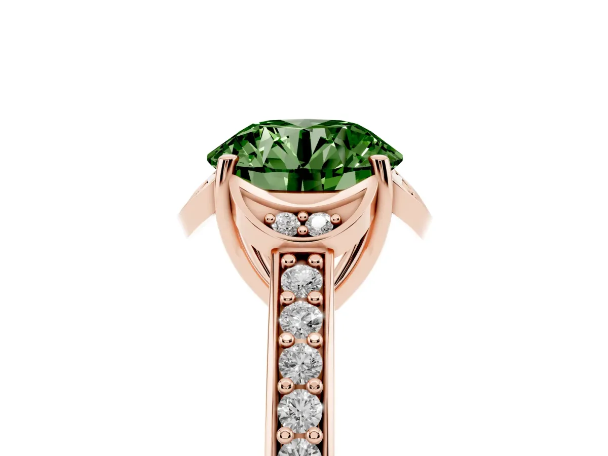 Fancy Green Round Cut Cut Halo Diamond Ring with Channel Set Band and Four-Prong Setting Rose gold