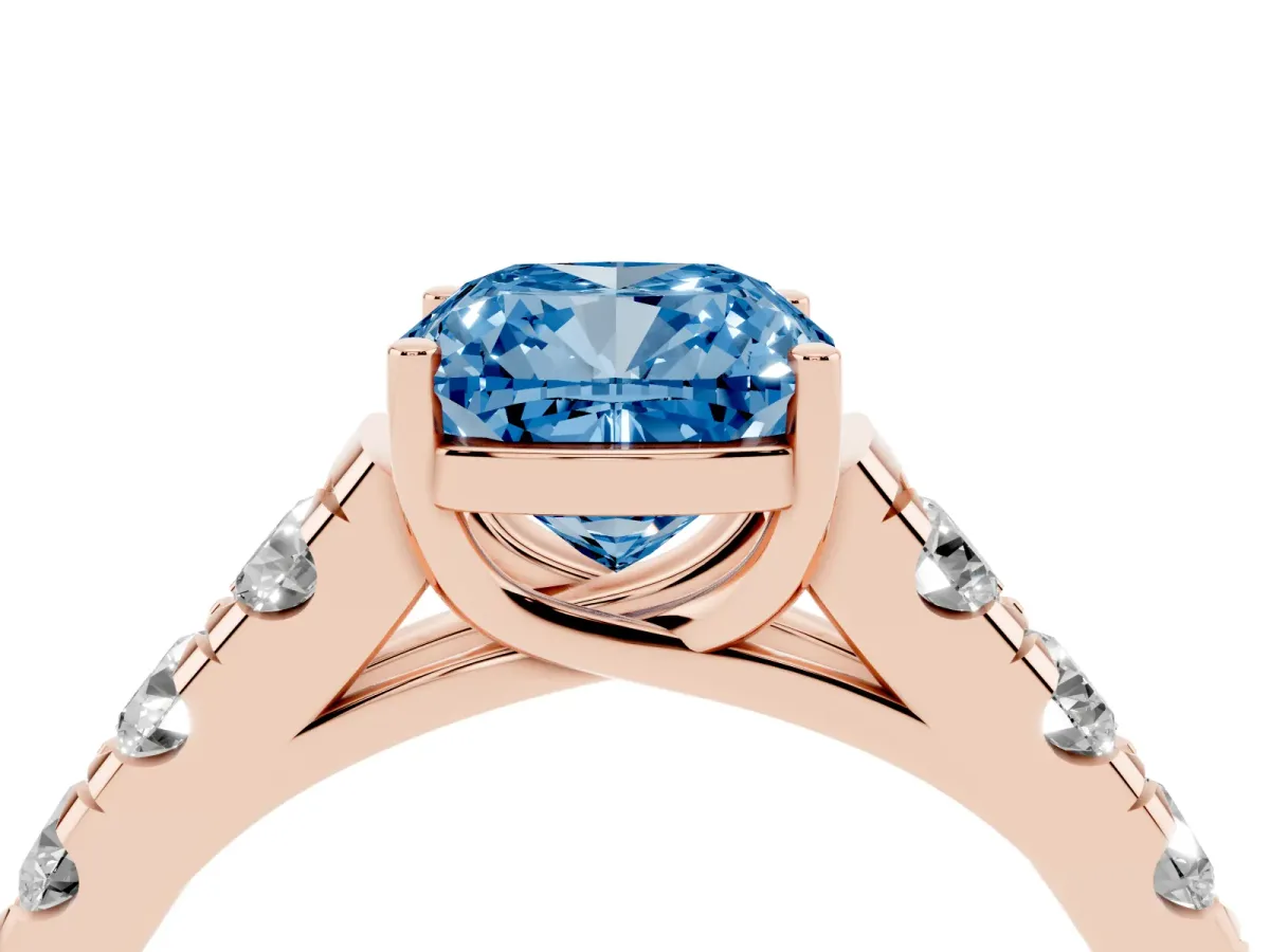 Fancy Blue Cushion Cut Cut Diamond Solitaire Ring with Micro Pave Band and Prong Setting Rose gold