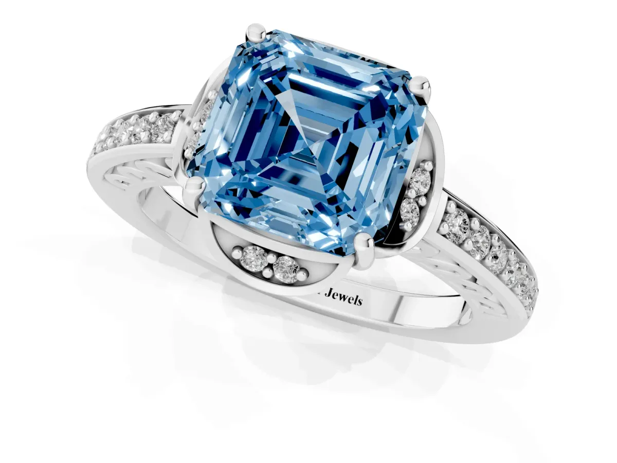Fancy Blue Asscher Cut Cut Halo Diamond Ring with Channel Set Band and Four-Prong Setting Silver