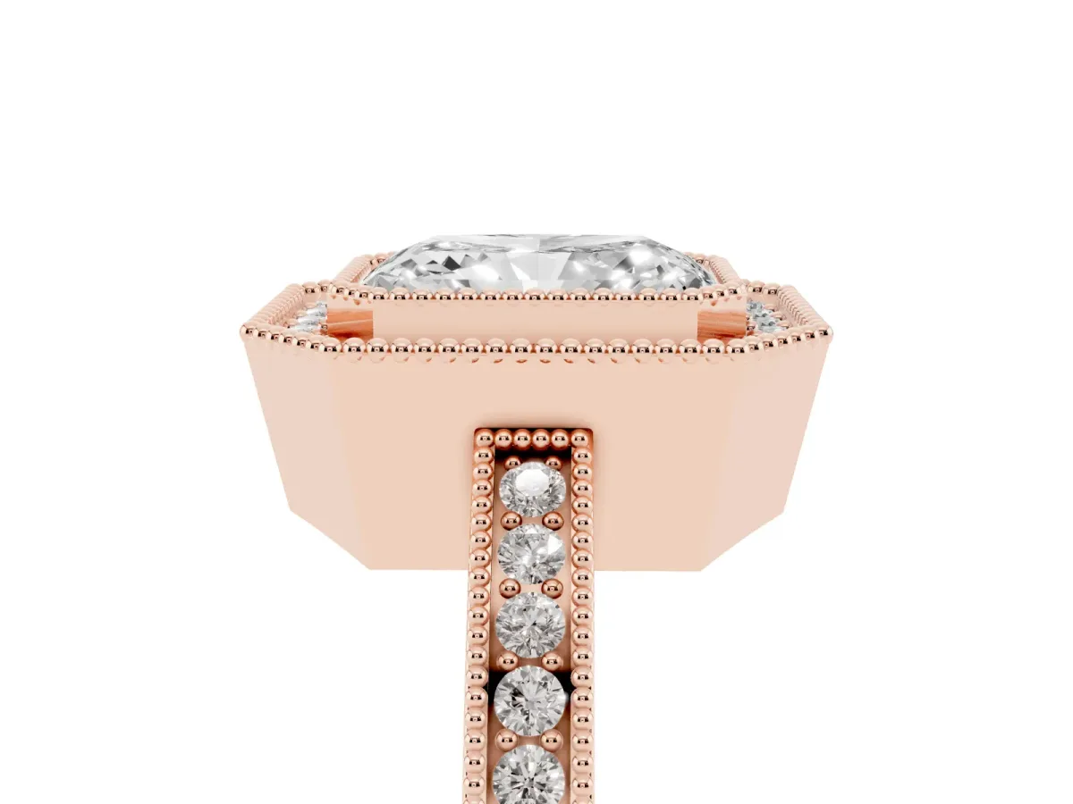 Radiant Cut Cut Halo Diamond Ring with Pavé Band and Milgrain Prong Setting Rose gold