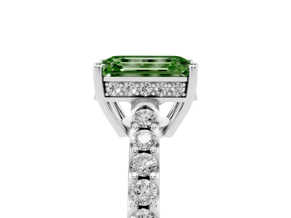 Fancy Green Emerald Cut Solitaire Diamond Engagement Ring with Pavé Band and Six-Prong Setting Silver