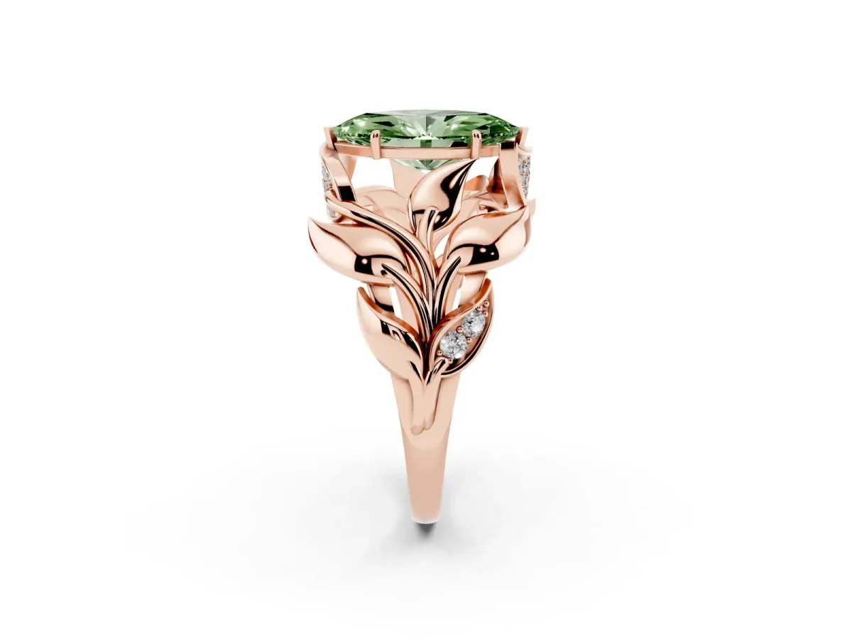 Fancy Green Marquise Cut Diamond Leaf-Inspired Engagement Ring with Round Accents and Prong Setting Rose gold