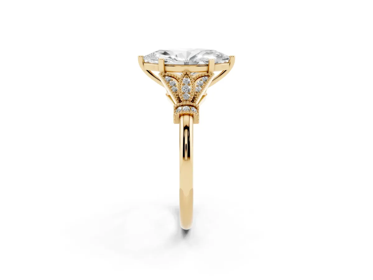 Marquise Cut Diamond Solitaire Ring with Floral Filigree and Pave Accents Yellow gold