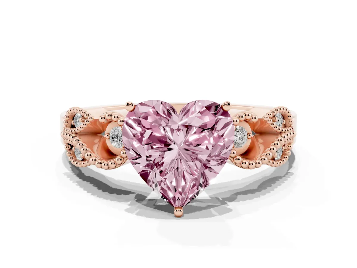 Fancy Pink Heart Cut Solitaire Milgrain Leaf Band with Prong Setting Rose gold