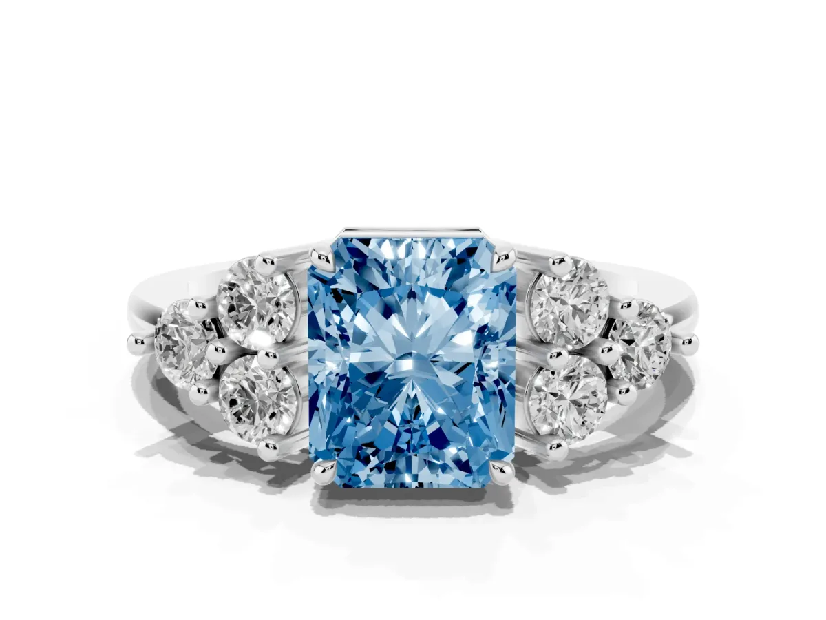 Fancy Blue Radiant Cut Brilliant Diamond Cluster Accent Solitaire Ring with Prong Setting Platinum