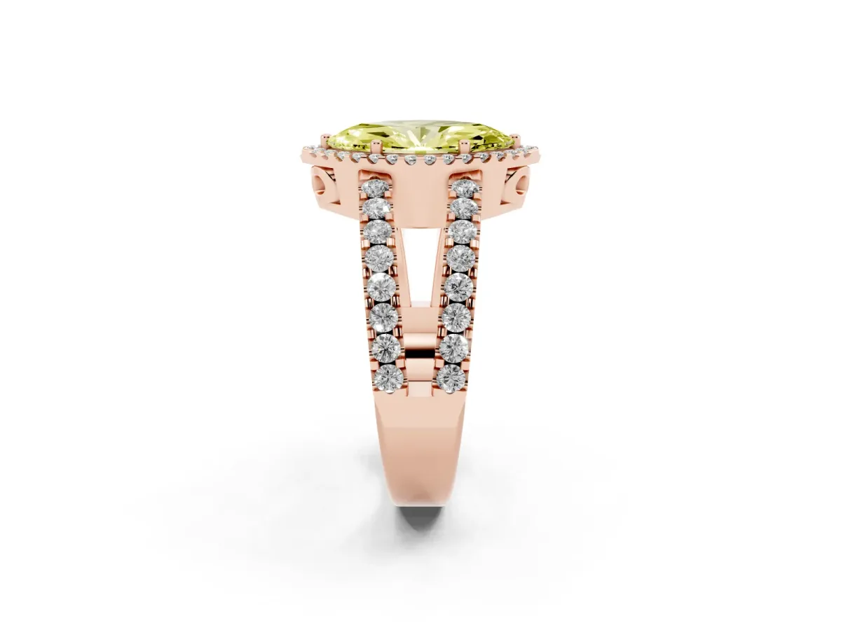 Fancy Yellow Marquise Cut Cut Halo Split Shank Diamond Ring with Four-Prong Setting Rose gold