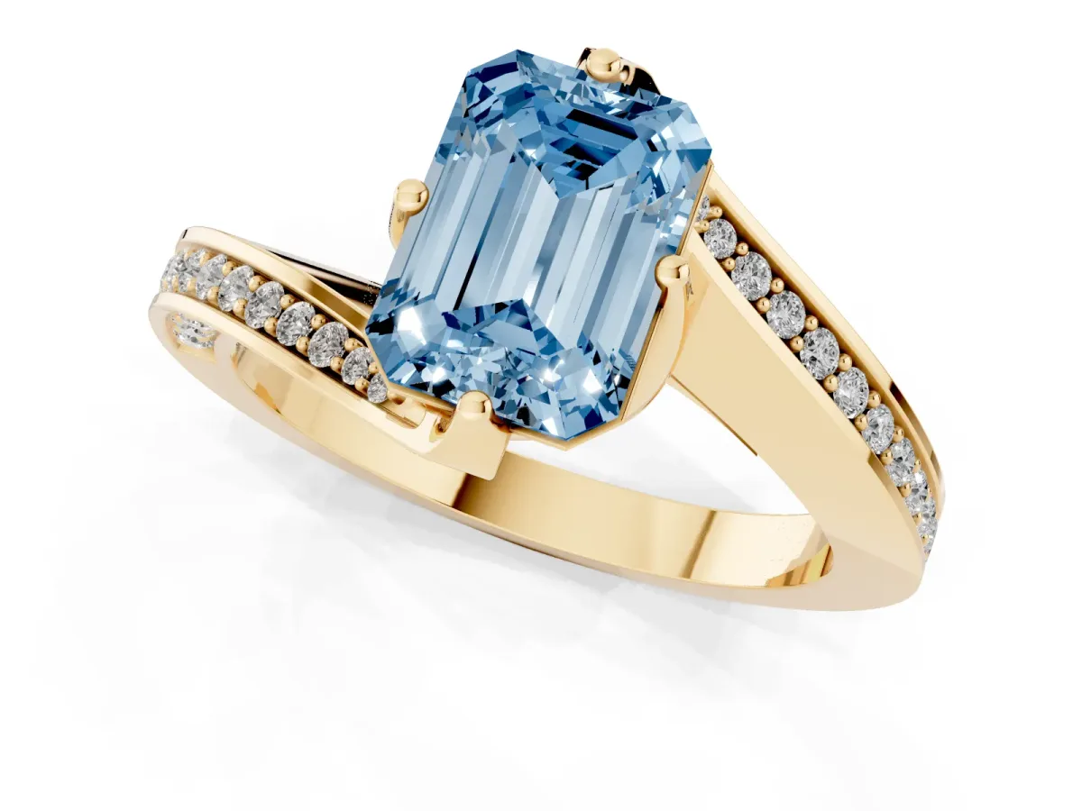 Fancy Blue Emerald Cut Solitaire Diamond Twist Band with Pavé Setting and Four-Prong Setting Yellow gold