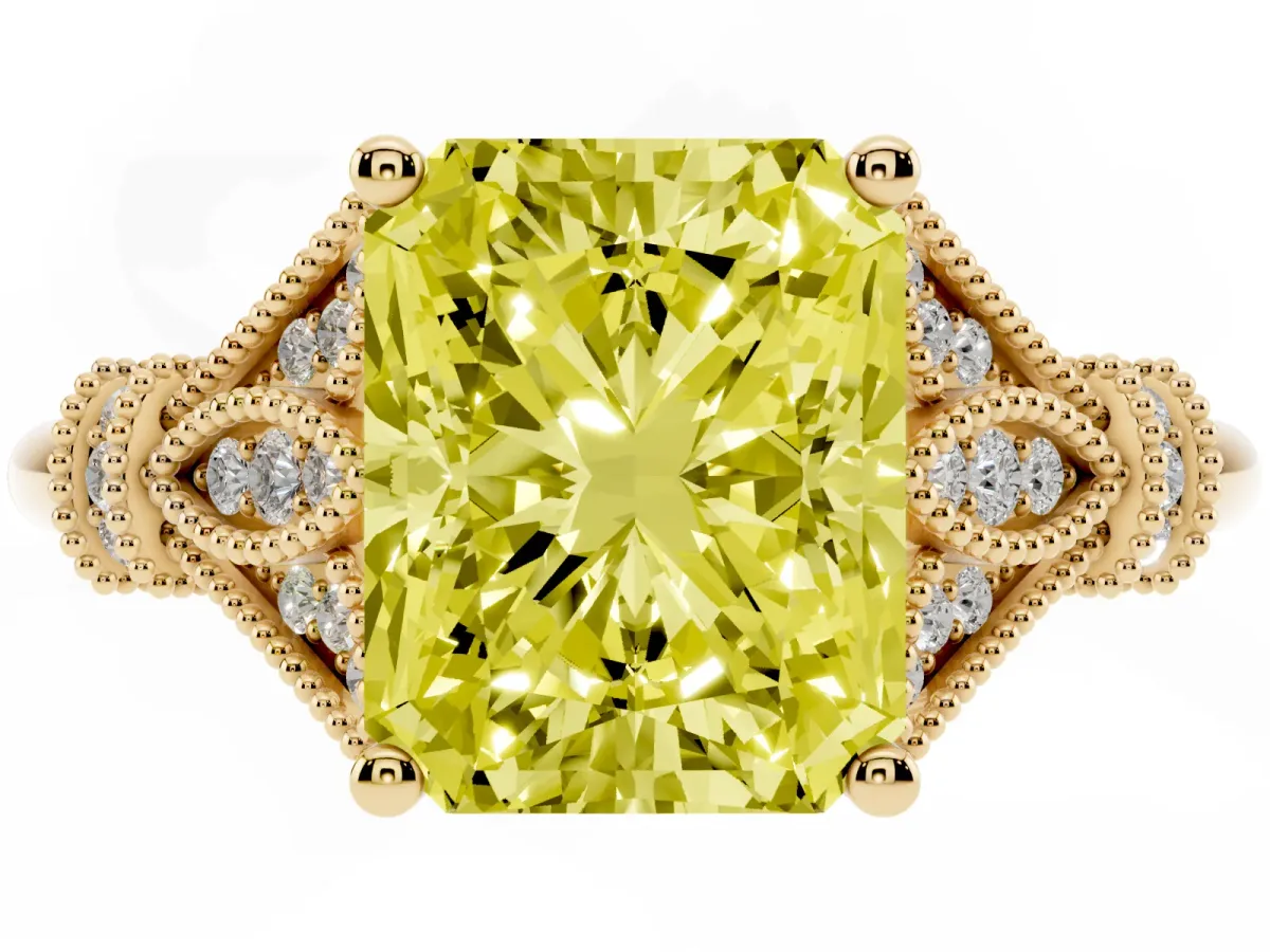 Fancy Yellow Radiant Cut Diamond Solitaire Ring with Floral Filigree and Pave Accents Yellow gold