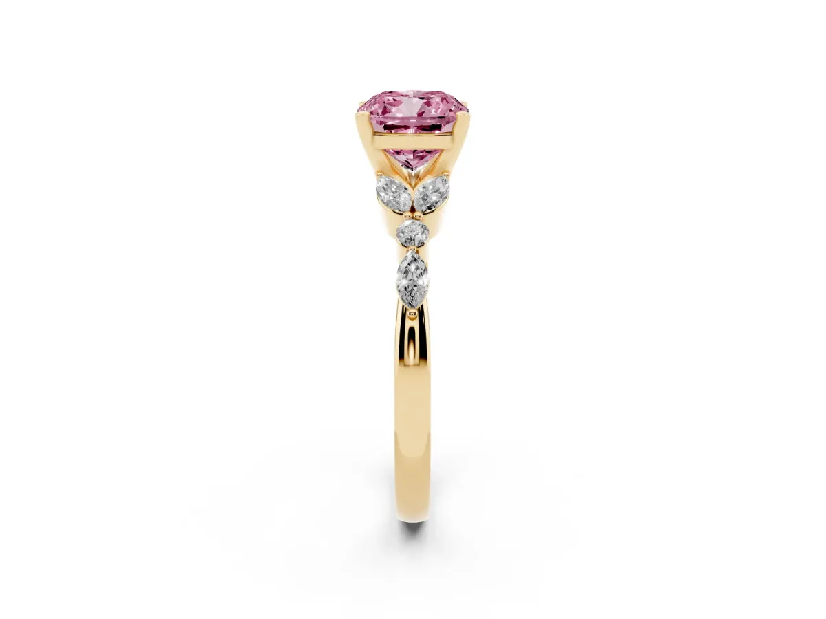 Fancy Pink Cushion Cut Diamond Solitaire Ring with Side Stones and Four-Prong Setting Yellow gold