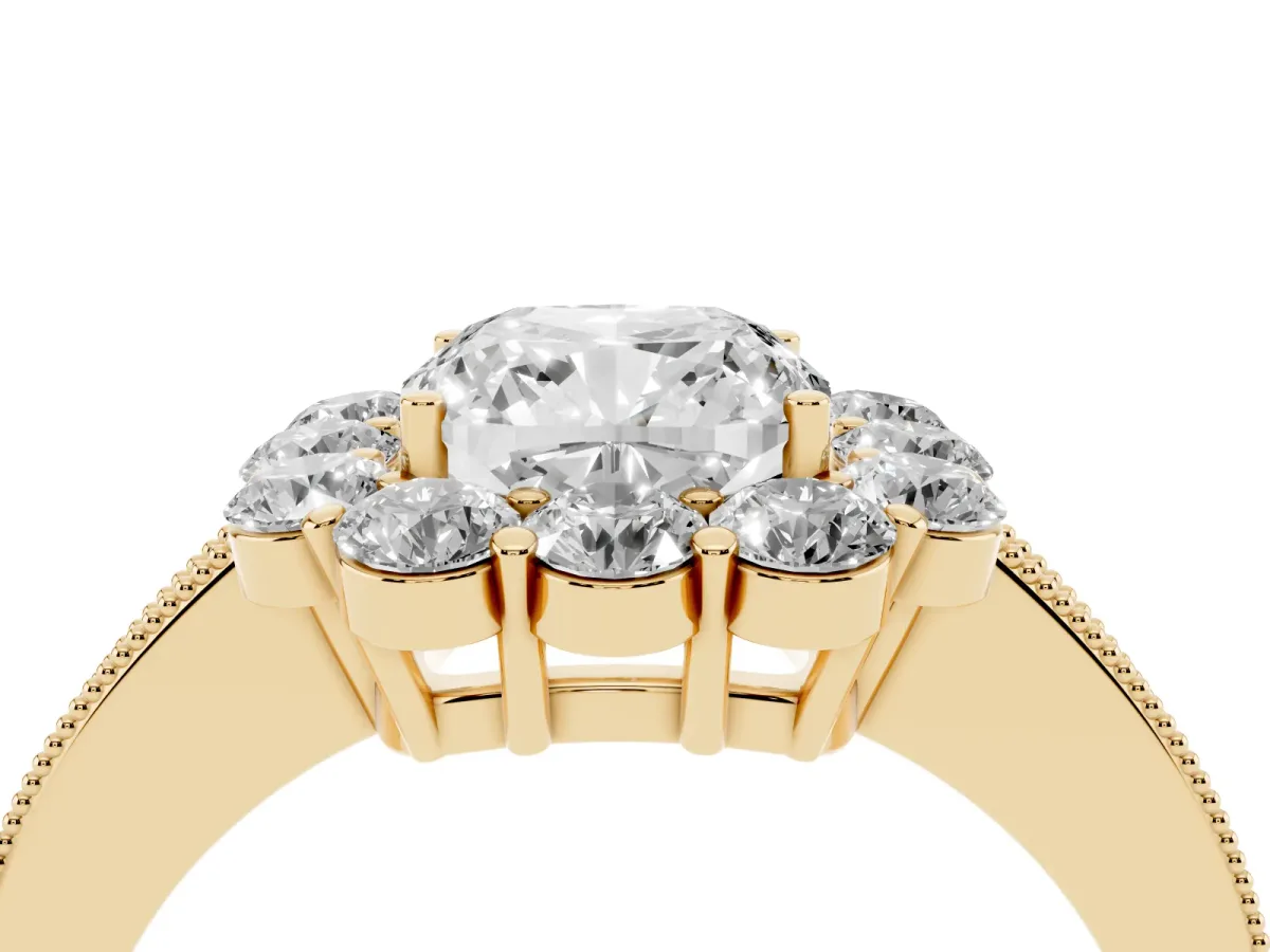 Cushion Cut Cut Halo Diamond Pavé Engagement Ring with Milgrain Detailing Yellow gold