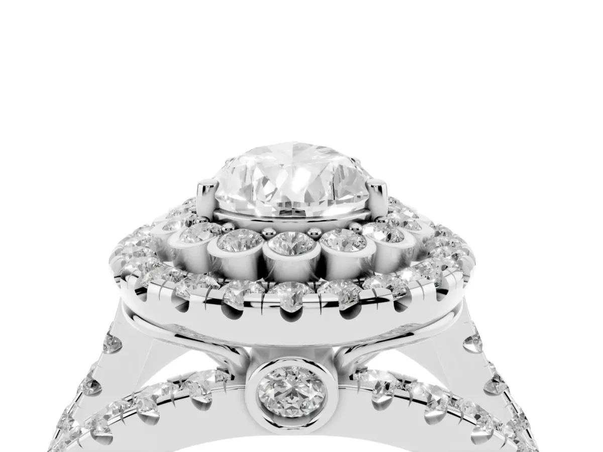 Pear Cut Diamond Double Halo Ring with Round Pavé Split Shank and Prong Setting Silver