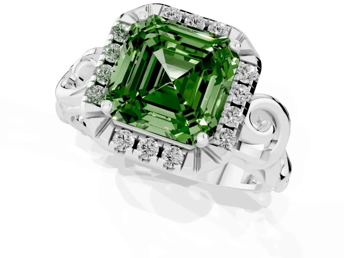 Fancy Green Asscher Cut Cut Halo Diamond Ring with Scrollwork Band and Four-Prong Setting Silver