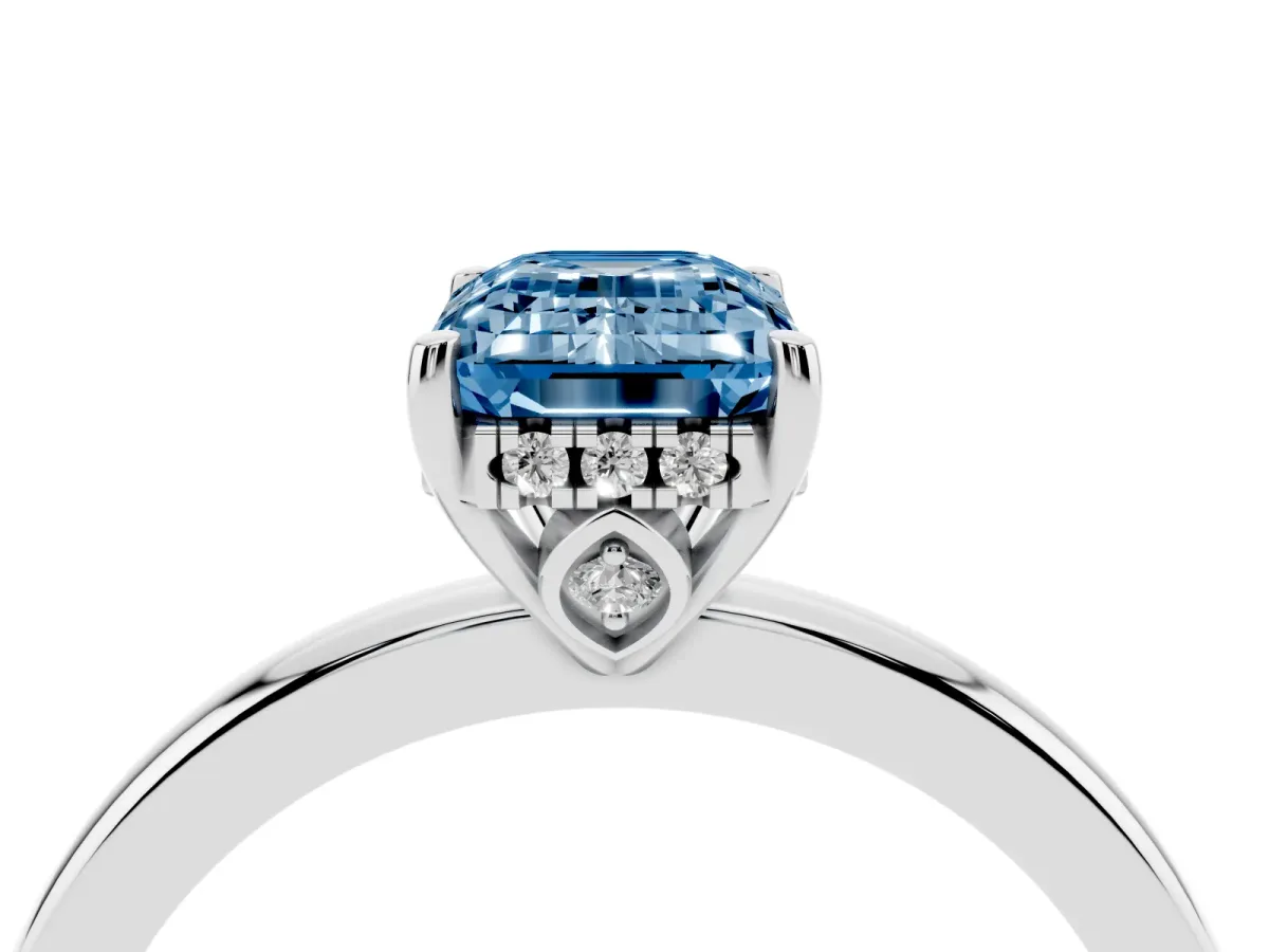 Fancy Blue Emerald Cut Solitaire Diamond Ring with Prong Setting and Plain Band Silver