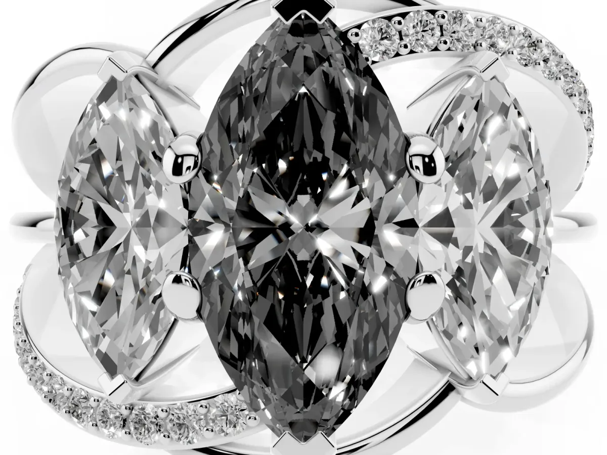Fancy Black Three-Stone Marquise Cut Cut Diamond Split Shank Prong Set Ring Platinum