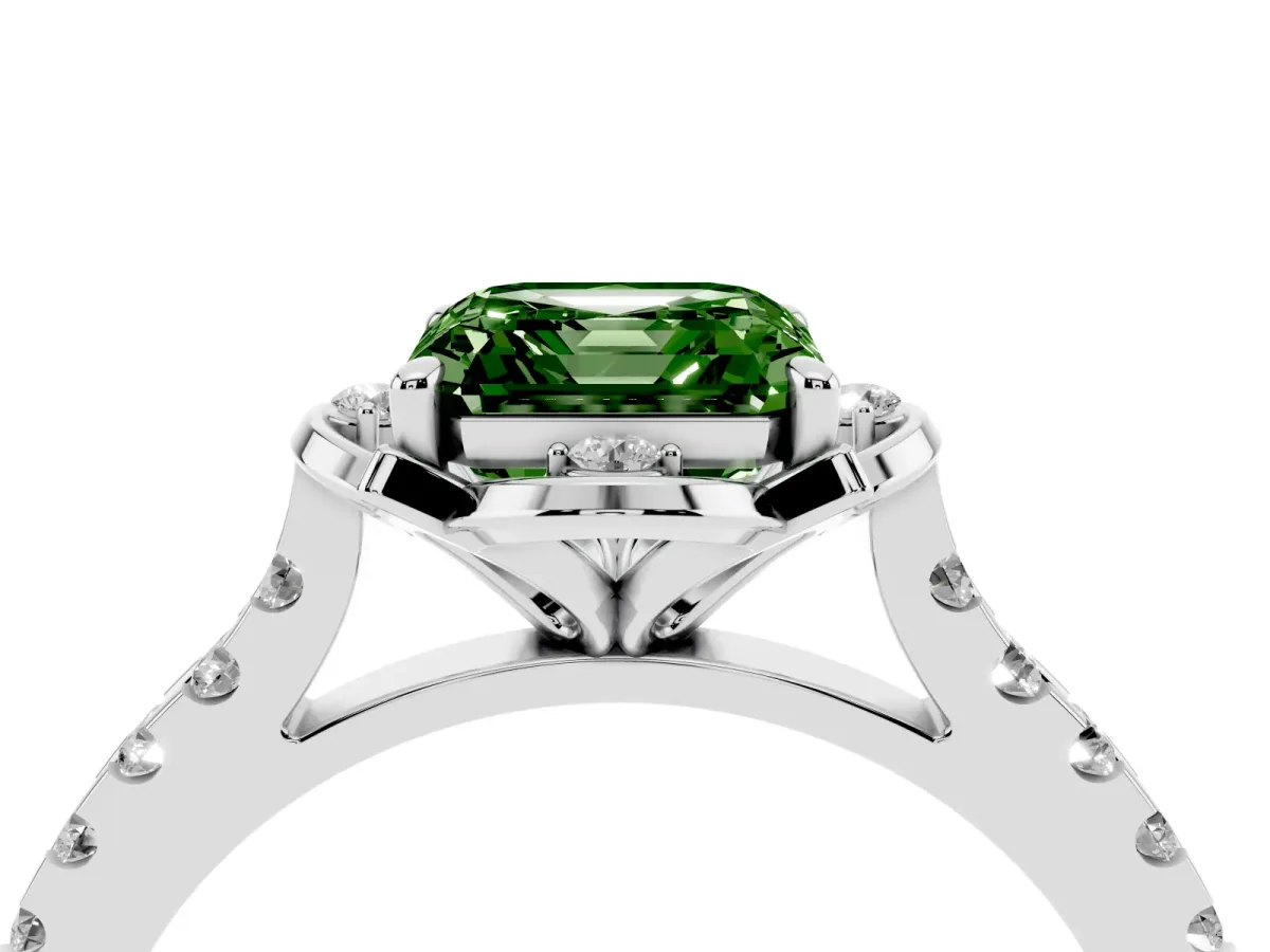 Fancy Green Asscher Cut Diamond Ring with Pavé Band and Floral Prong Setting White gold