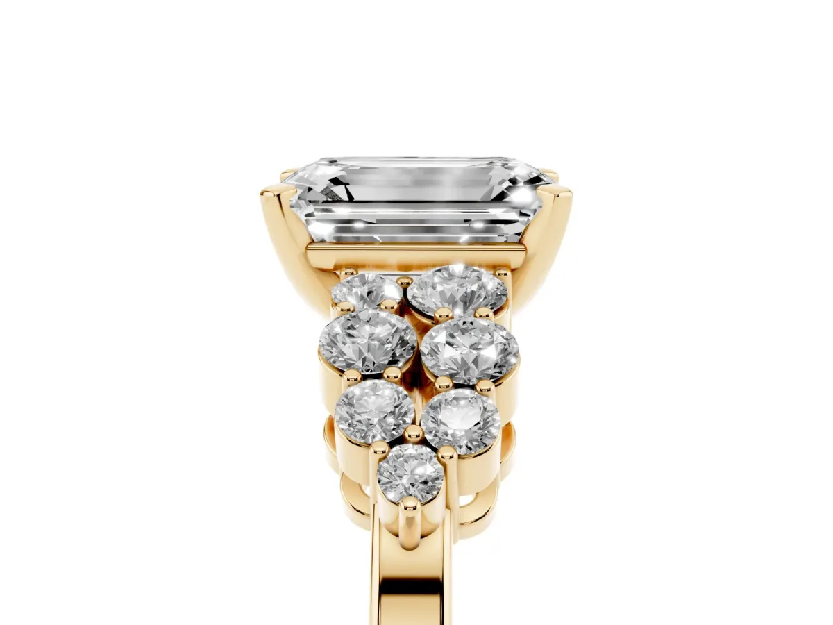 Emerald Cut Cluster Diamond Engagement Ring with Pavé Band and Four-Prong Setting Yellow gold