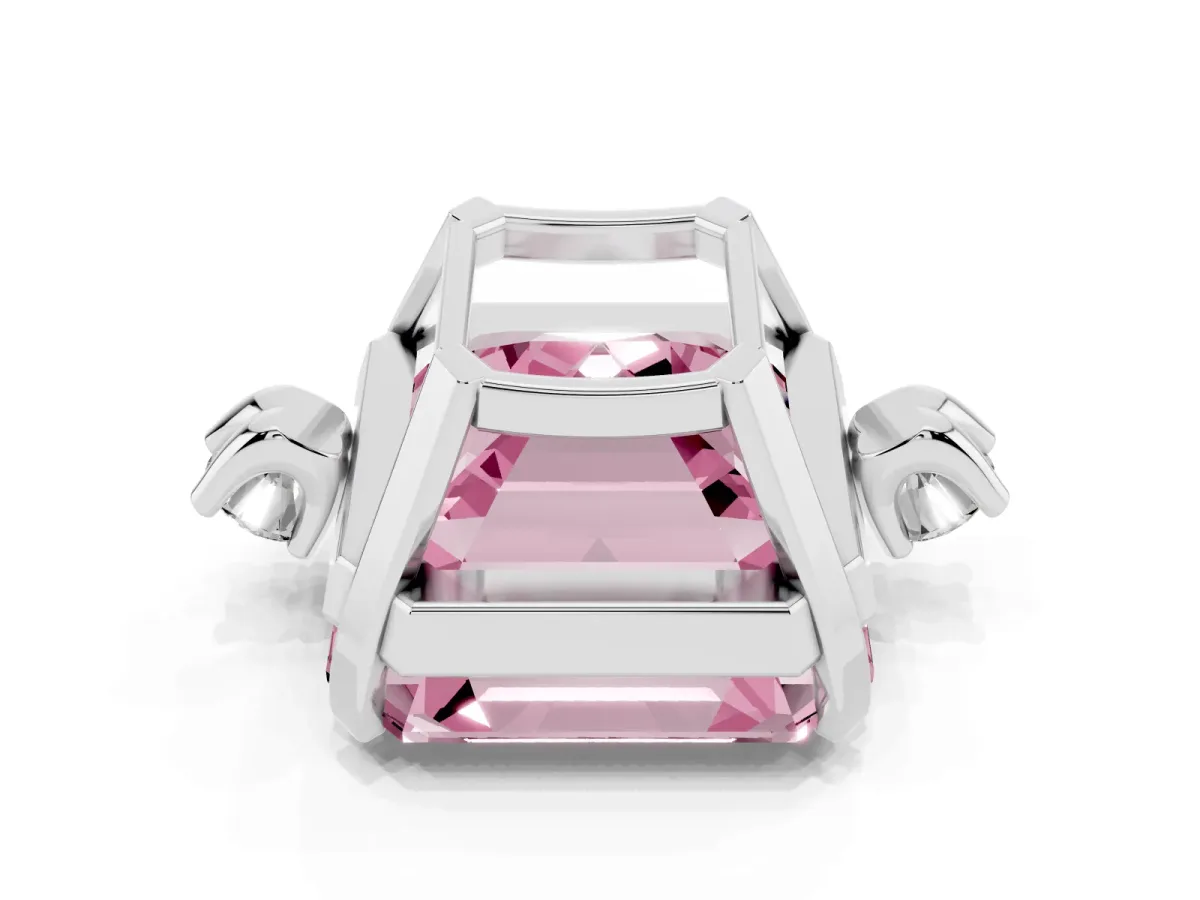 Fancy Pink Asscher Cut Cut Three-Stone Solitaire Ring with Round Accent Diamonds and Four-Prong Setting Silver