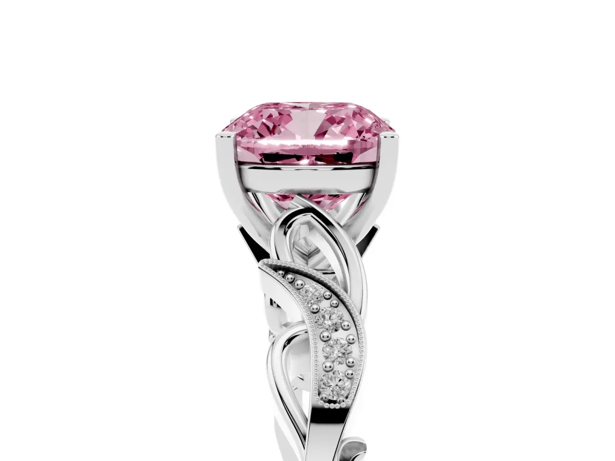 Fancy Pink Cushion Cut Solitaire Vine Band with Milgrain Prong Setting Silver