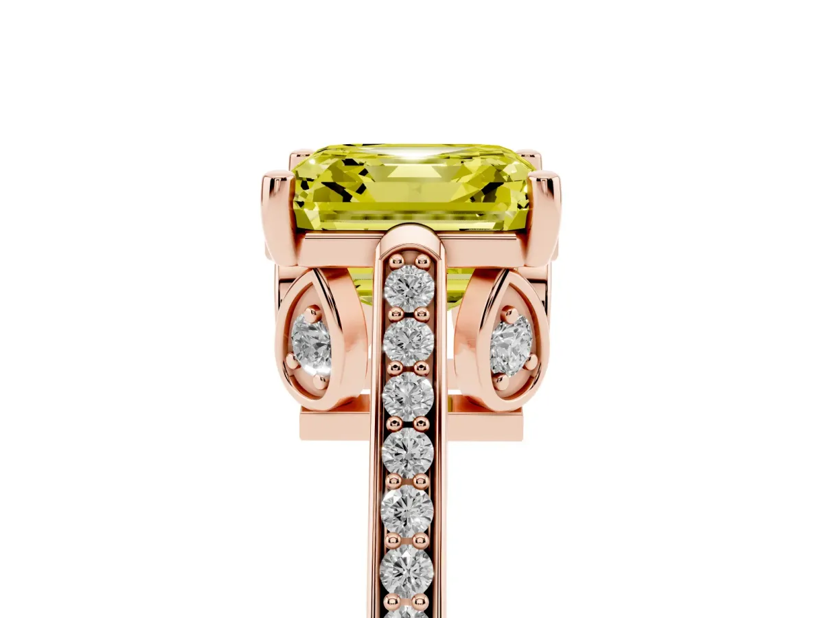 Fancy Yellow Asscher Cut Cut Cathedral Pave Diamond Engagement Ring with Six-Prong Setting Rose gold