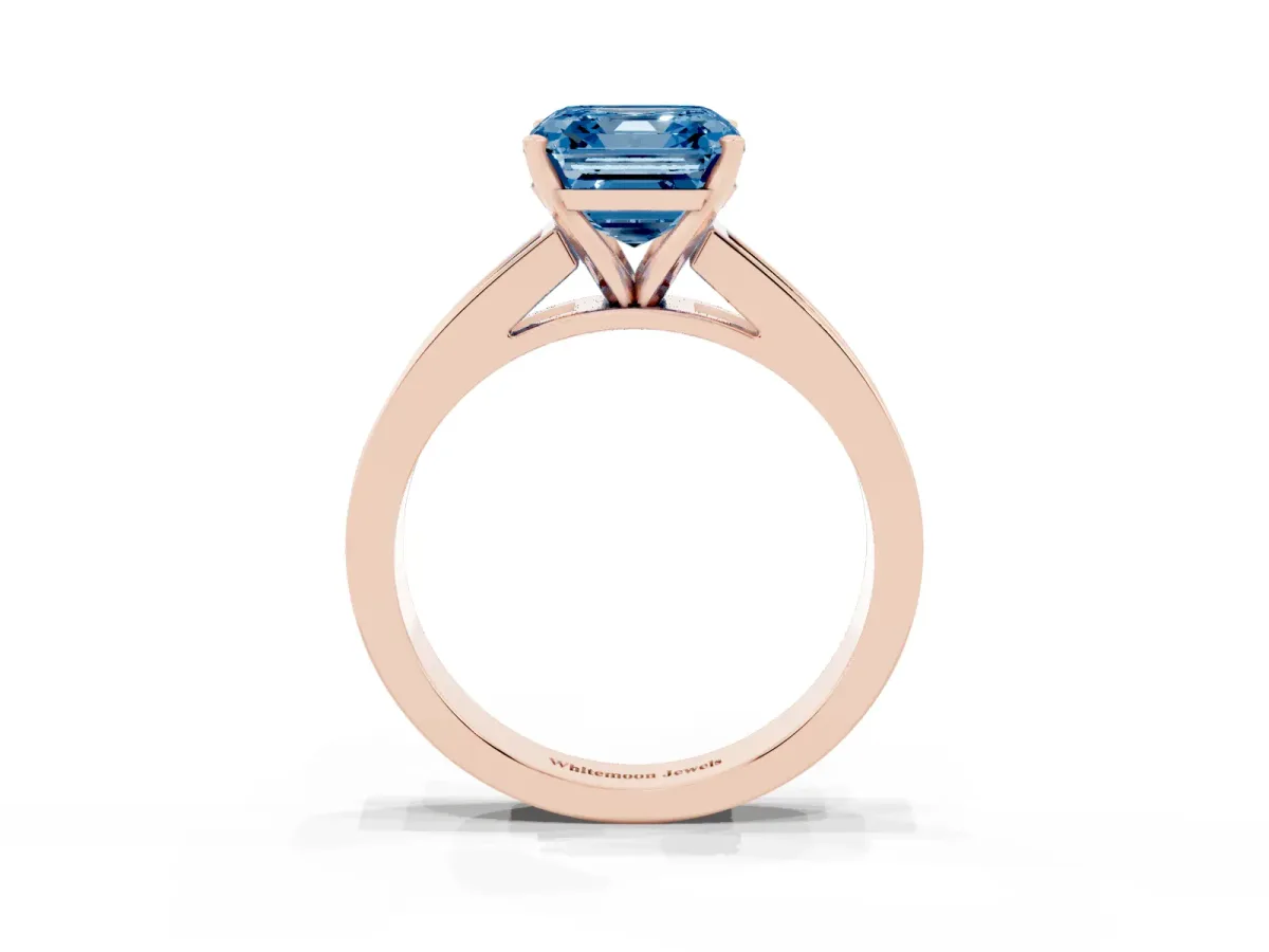 Fancy Blue Asscher Cut Solitaire Diamond Ring with Channel-Set Band and Four-Prong Setting Rose gold