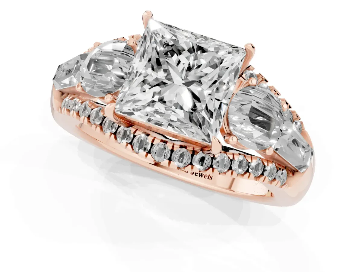 Three-Stone Princess Cut Diamond Engagement Ring with Pave Band and Prong Setting Rose gold