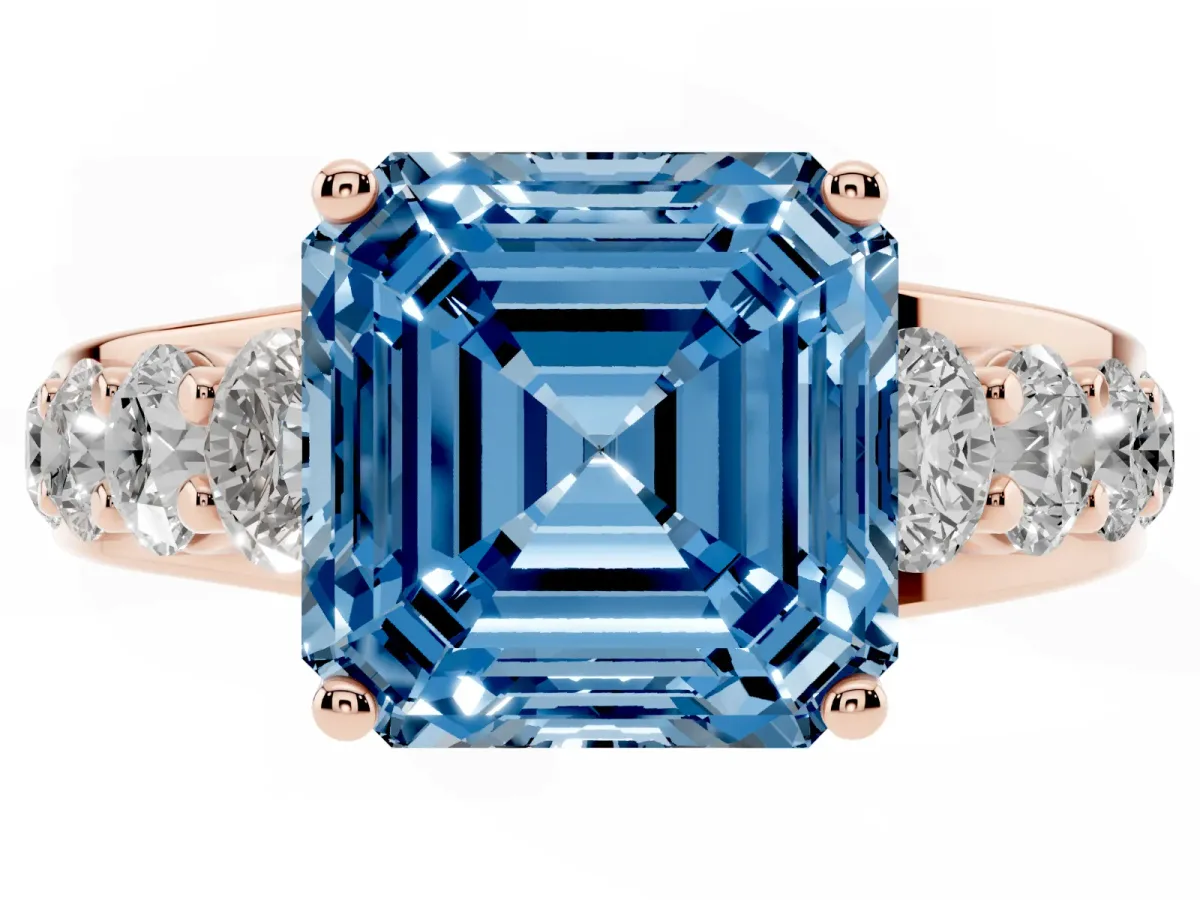 Fancy Blue Asscher Cut Diamond Engagement Ring with Pavé Band and Four-Prong Setting Rose gold