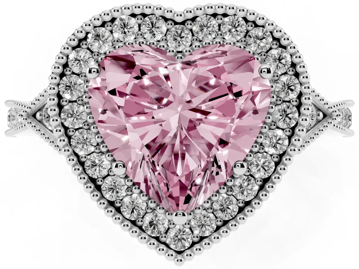 Fancy Pink Heart Cut Halo Round Diamond Milgrain Pave Engagement Ring Silver
