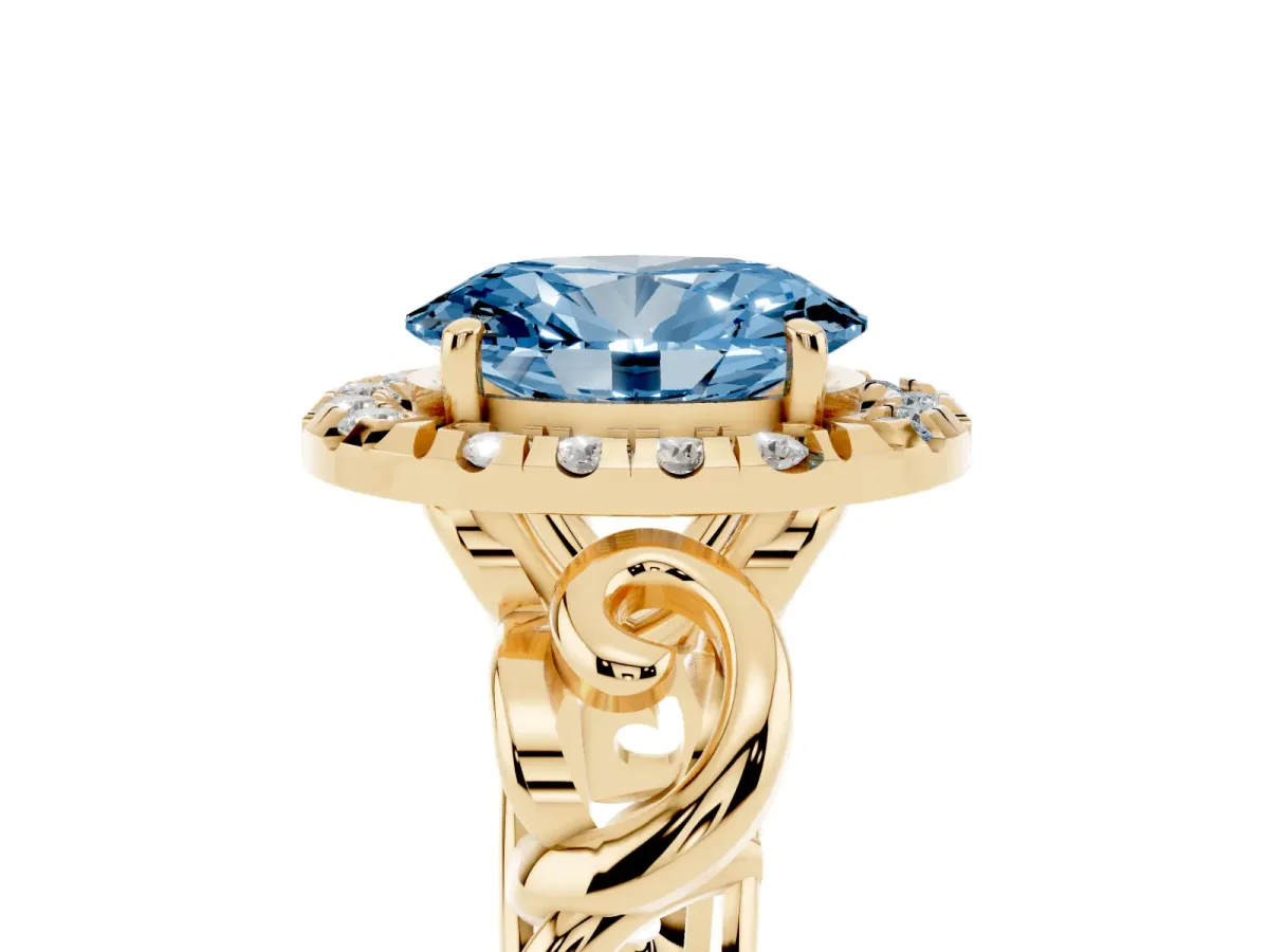 Fancy Blue Oval Cut Cut Halo Diamond Ring with Scrollwork Band and Four-Prong Setting Yellow gold