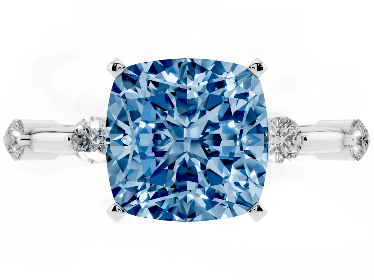 Fancy Blue Cushion Cut Solitaire Diamond Ring with Bezel Set Side Stones and Prong Setting Platinum