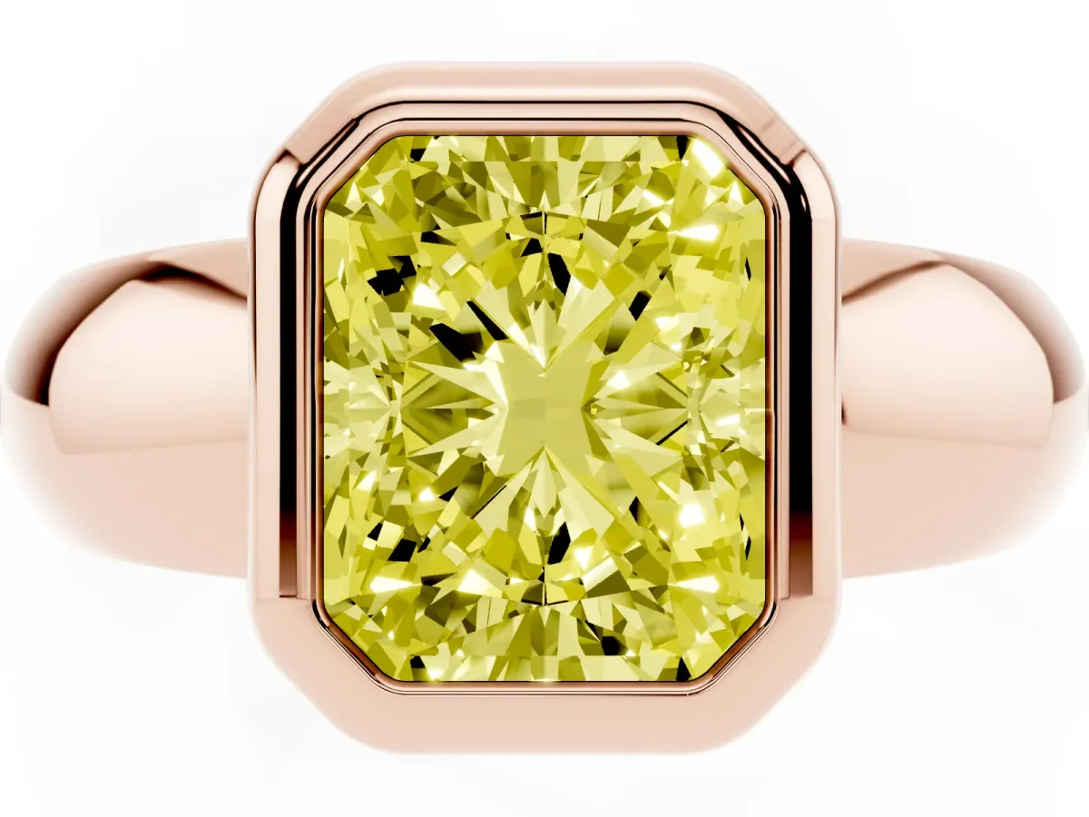 Fancy Yellow Bezel Set Radiant Cut Solitaire Ring with Wide Band Rose gold