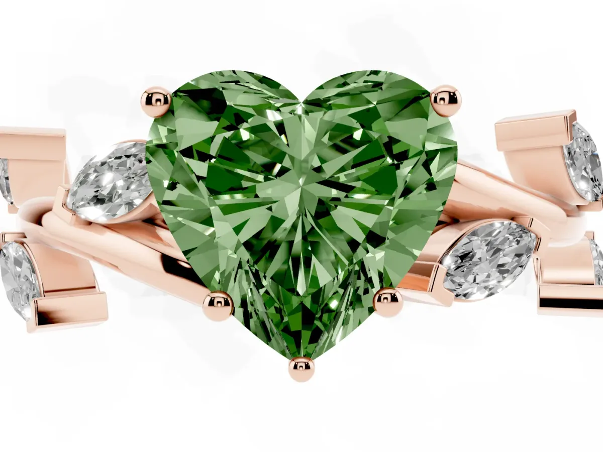Fancy Green Heart Cut Solitaire Twisted Band Marquise Accent Prong Setting Ring Rose gold