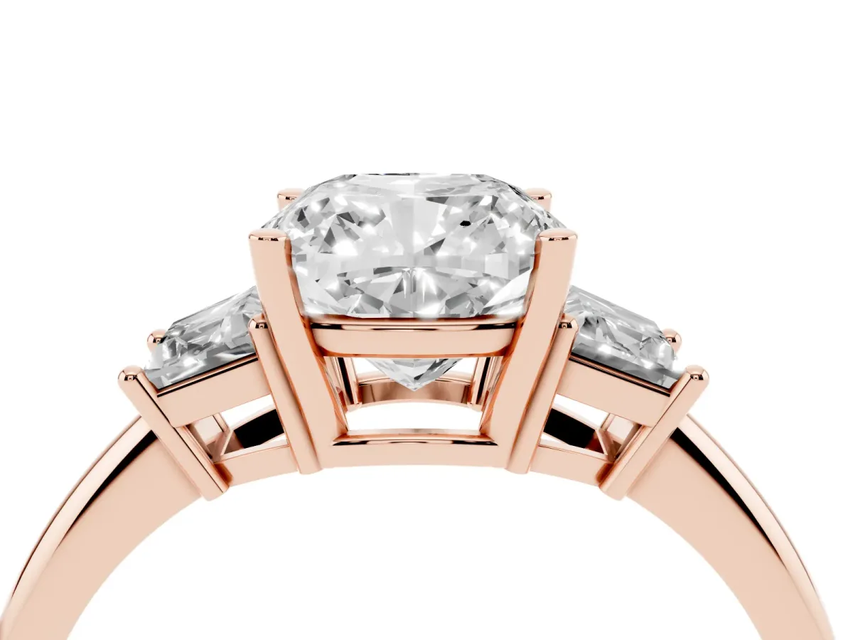 Cushion Cut Diamond Three-Stone Ring with Trapezoid Side Stones and Prong Setting Rose gold