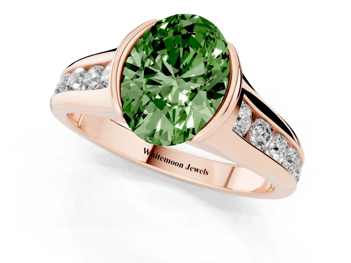 Fancy Green Oval Cut Solitaire Bezel-Set Diamond Ring with Channel-Set Band Rose gold