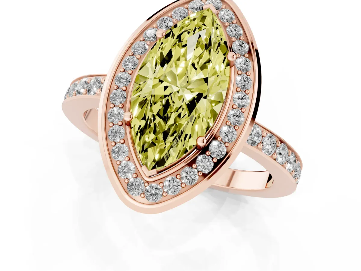 Fancy Yellow Marquise Cut Diamond Halo Ring with Bezel Frame and Pavé Band Rose gold