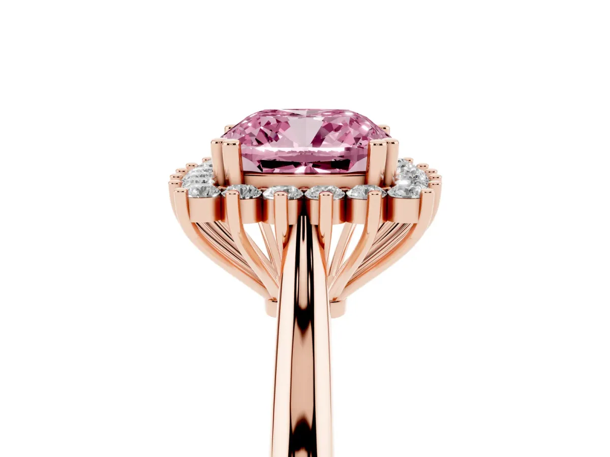 Fancy Pink Cushion Cut Cut Diamond Halo Ring with Solitaire Band and Prong Setting Rose gold