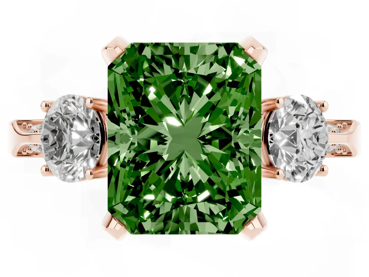 Fancy Green Radiant Cut Brilliant Three-Stone Diamond Ring with Pavé Band and Four-Prong Setting Rose gold