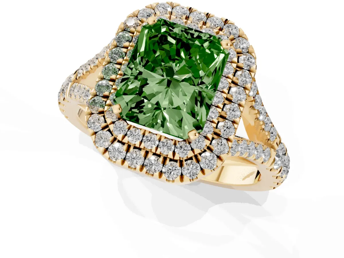 Fancy Green Double Halo Radiant Cut Diamond Split Shank Engagement Ring with Four-Prong Setting Yellow gold