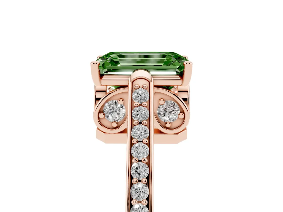 Fancy Green Emerald Cut Cut Cathedral Pave Diamond Engagement Ring with Six-Prong Setting Rose gold