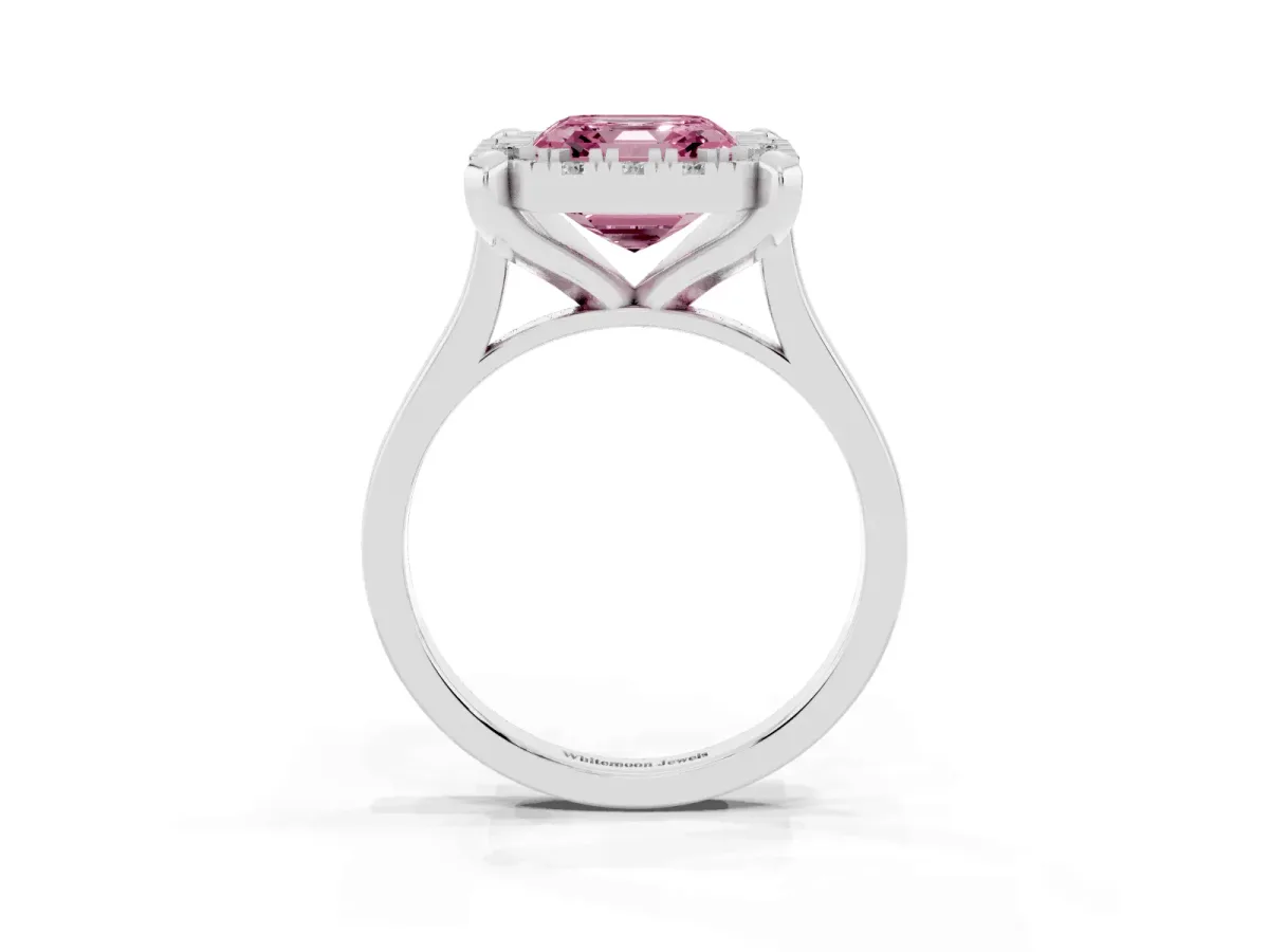 Fancy Pink Asscher Cut Diamond Cluster Halo Solitaire with Four-Prong Setting Platinum