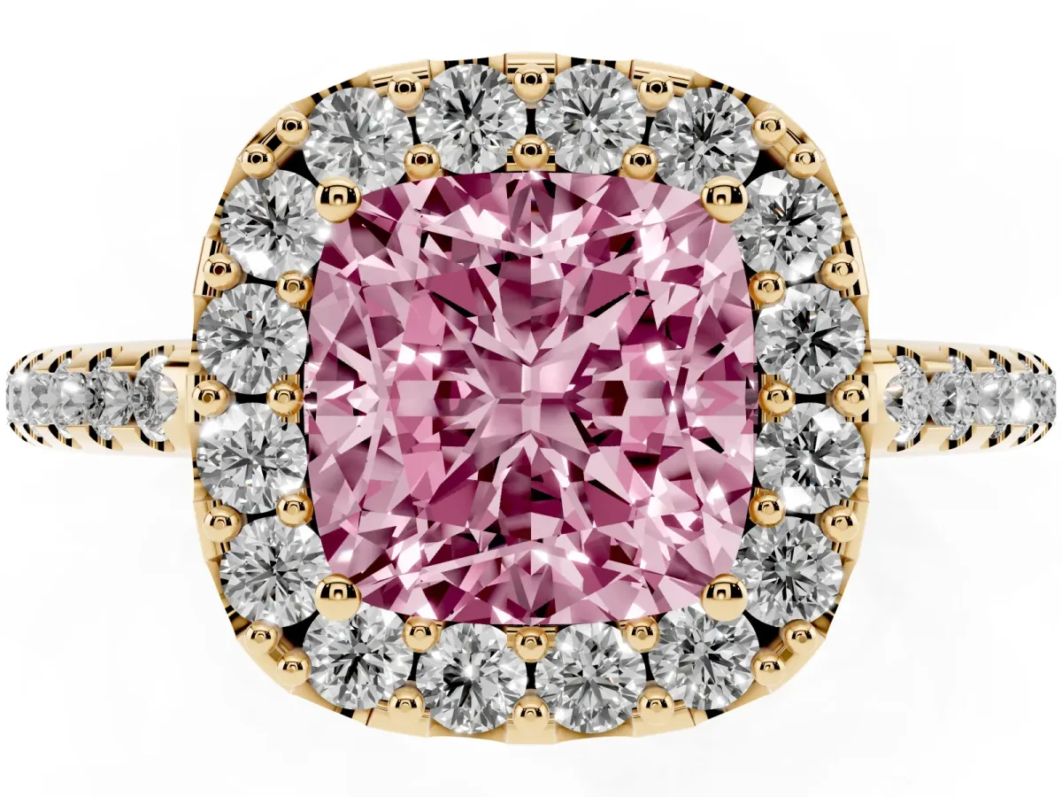 Fancy Pink Cushion Cut Diamond Pavé Halo Ring with Four-Prong Setting Yellow gold