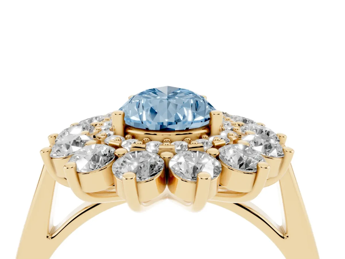 Fancy Blue Pear Cut Diamond Floral Double Halo Engagement Ring with Prong Setting Yellow gold